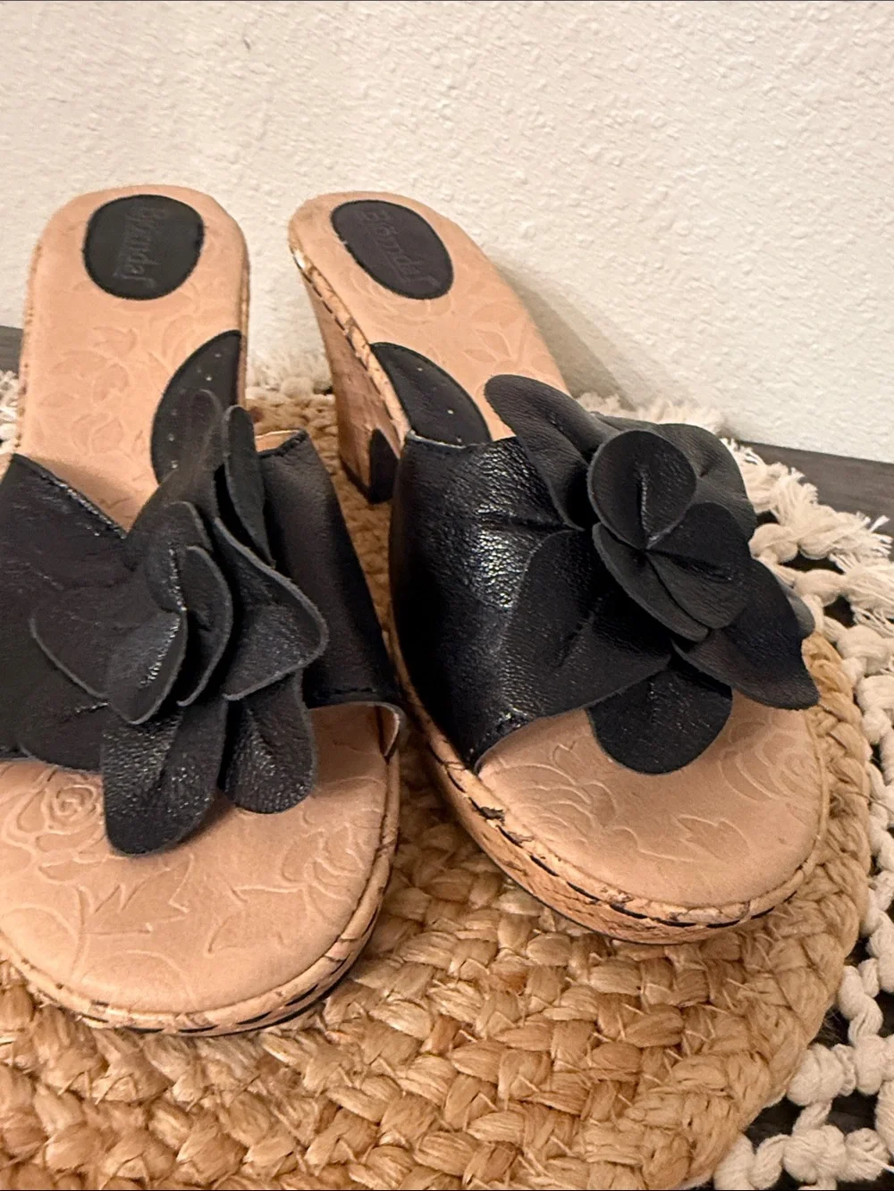 Bjorndal Black Leather Floral Cork Wedge Slide Sandals Womens Size 11 Boho Chic